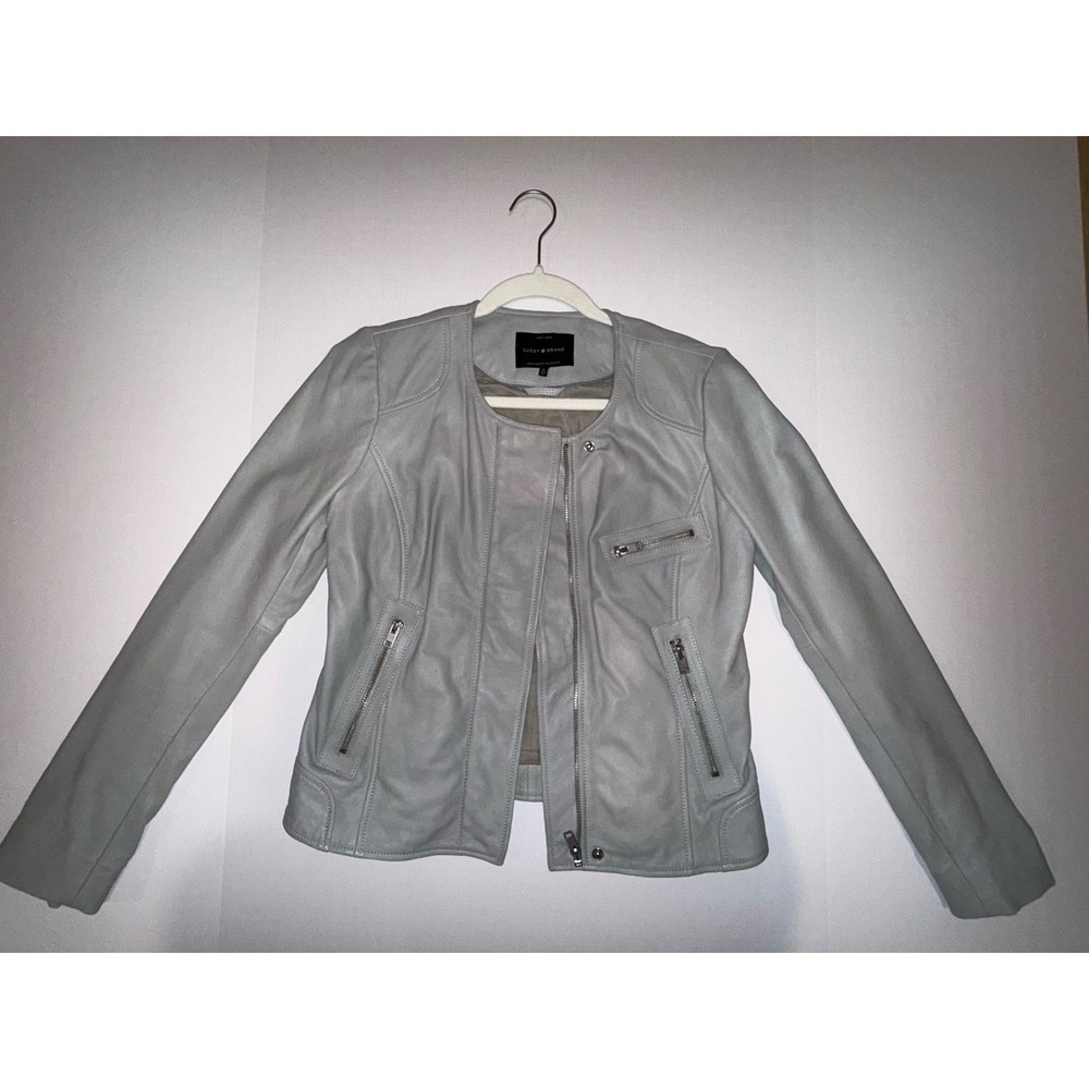 Lucky Brand Gray Lamb Leather Moto Short Jacket Women's S Zipped Pockets size S